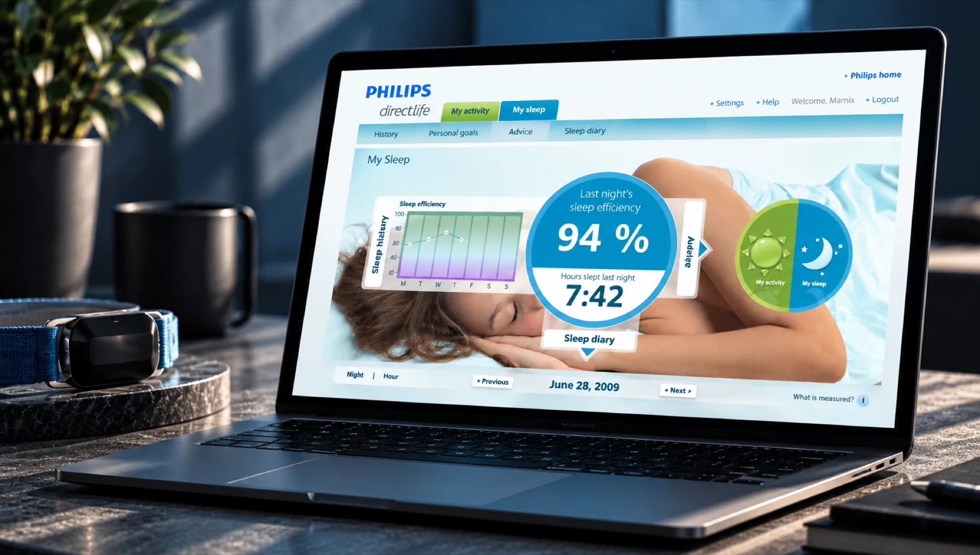 Dashboard mit Aktivitäts- und Schlafdaten auf einem Notebook