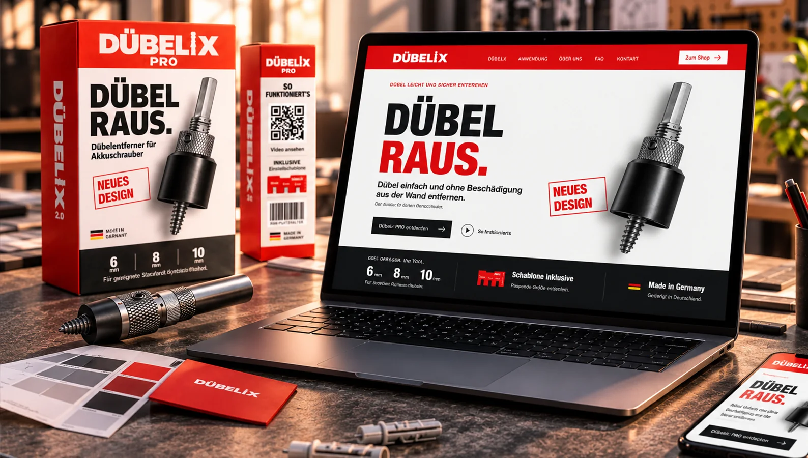 Werkzeugverpackung und Produktwebsite auf Notebook und Smartphone
