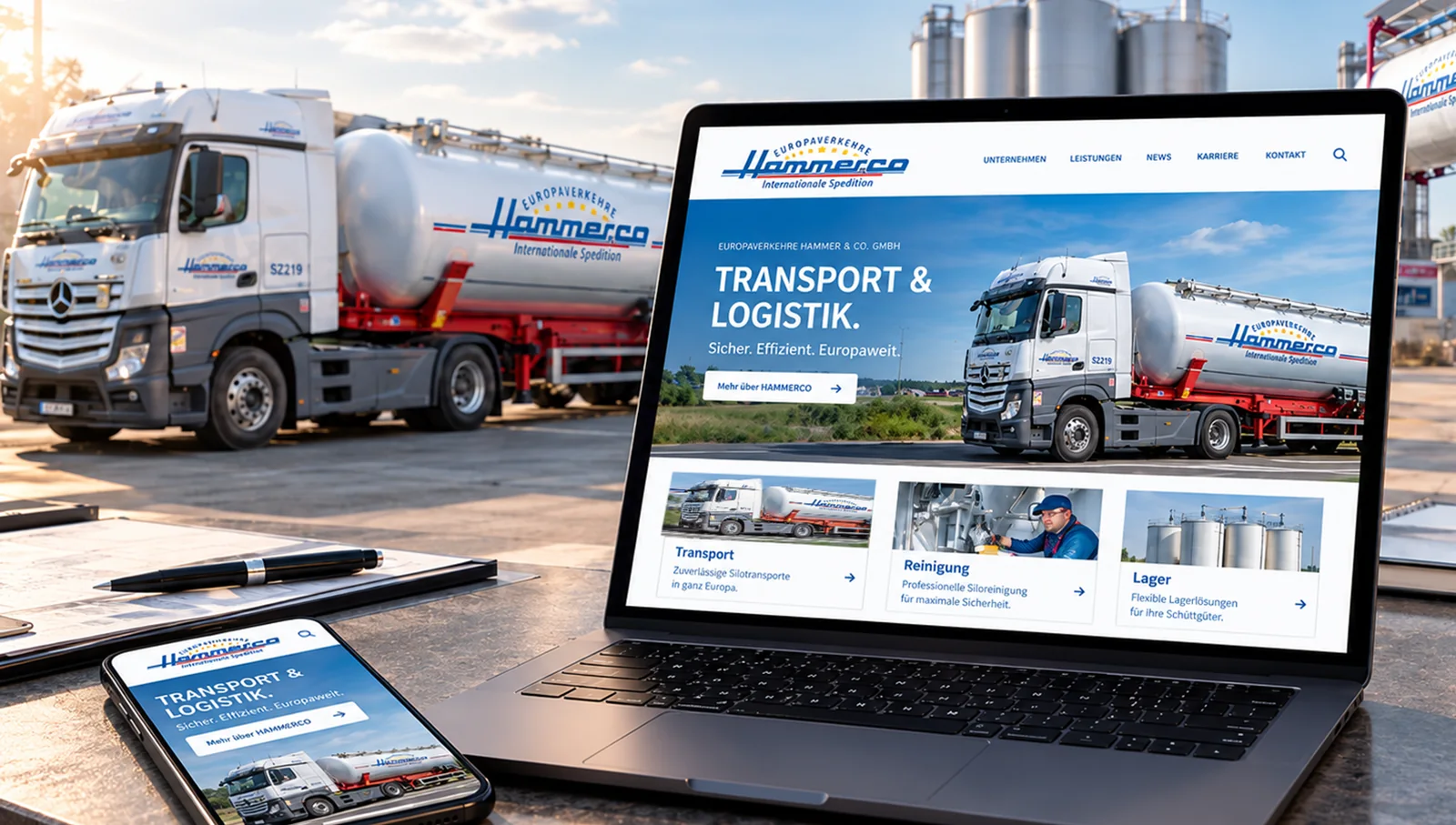 Logistik-Website auf Notebook und Smartphone vor einem Silotransporter