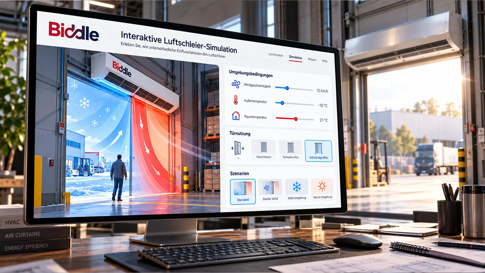 Interaktive Luftschleier-Simulation auf einem Monitor in einer Industriehalle
